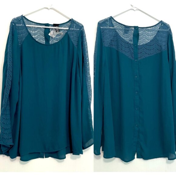 TORRID 2 Plus Size Lace Inset Georgette Blouse Solid Teal Blue Green Long Sleeve - Picture 2 of 16
